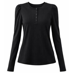 Tart Bethania Top Black Long Sleeve Puff Shoulder Henley Cotton Tee NWT - Large